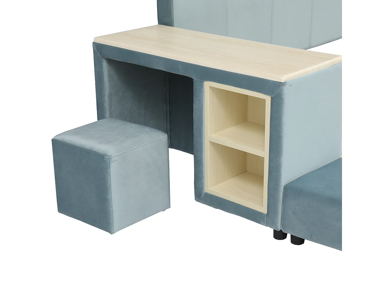 Lit enfant 140x200cm avec bureau et tabouret, tissu en velours bleu, sommier à lattes, sans matelas