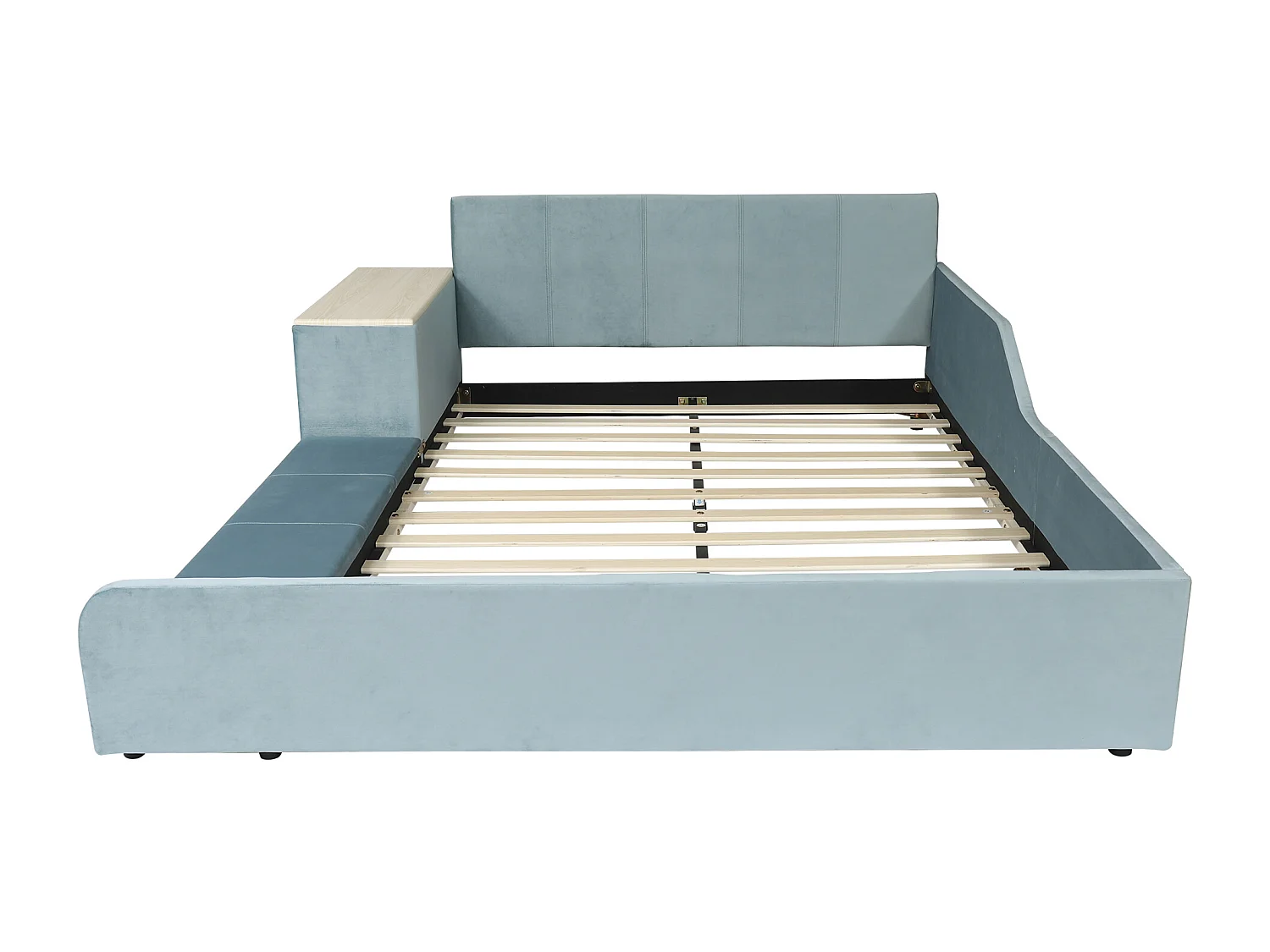 Lit enfant 140x200cm avec bureau et tabouret, tissu en velours bleu, sommier à lattes, sans matelas