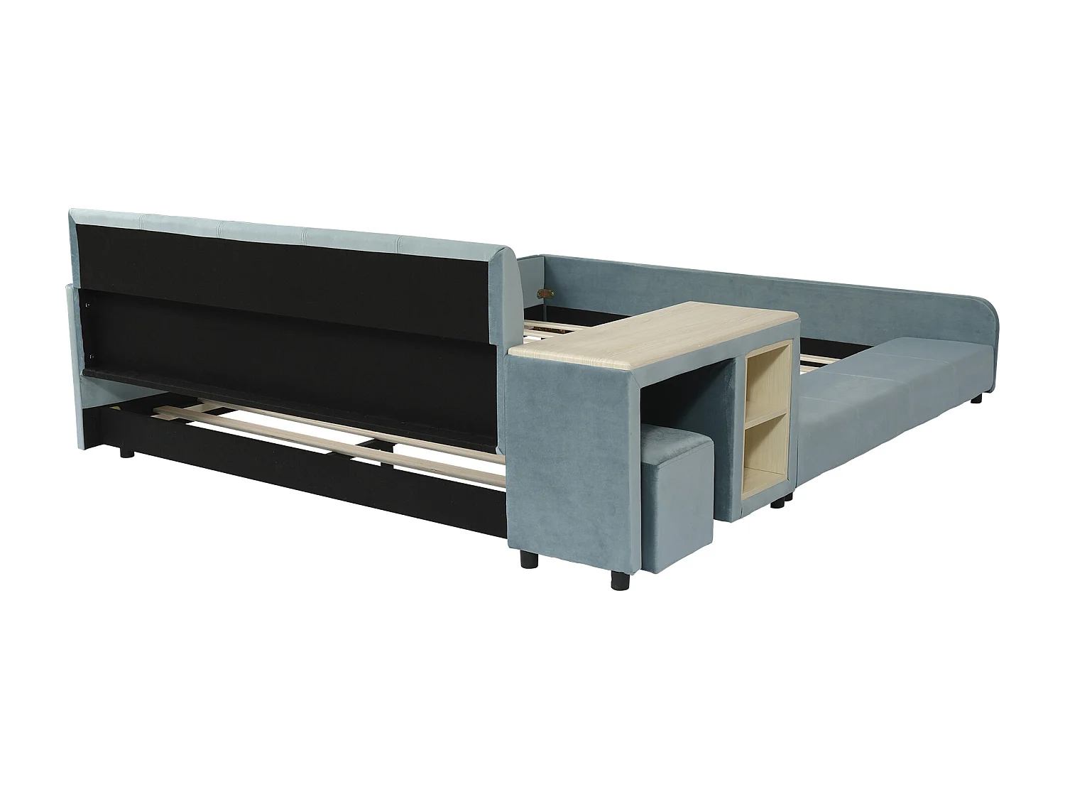 Lit enfant 140x200cm avec bureau et tabouret, tissu en velours bleu, sommier à lattes, sans matelas