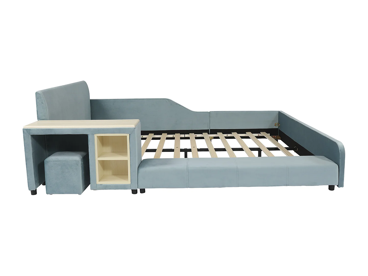 Lit enfant 140x200cm avec bureau et tabouret, tissu en velours bleu, sommier à lattes, sans matelas