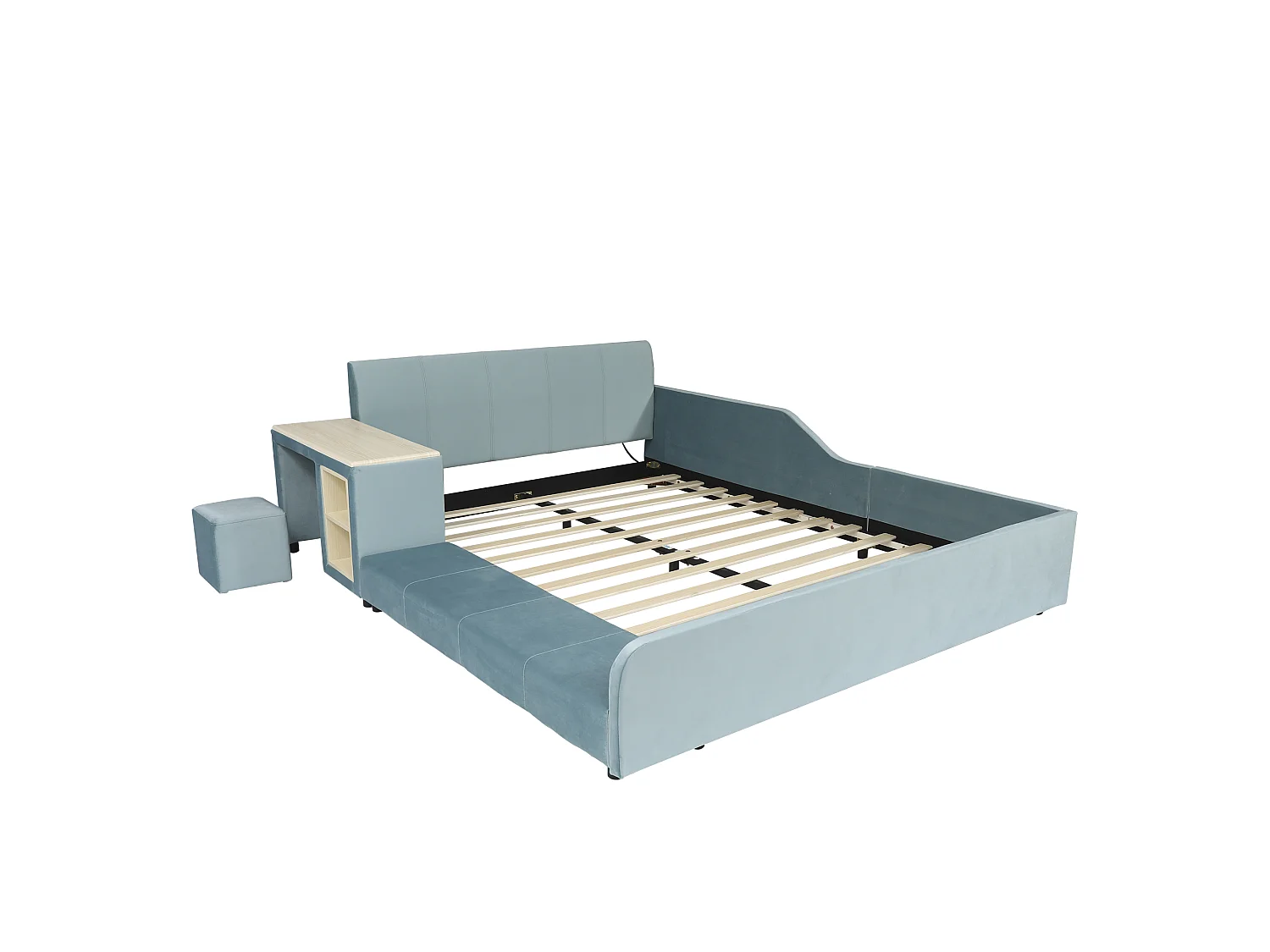 Lit enfant 140x200cm avec bureau et tabouret, tissu en velours bleu, sommier à lattes, sans matelas