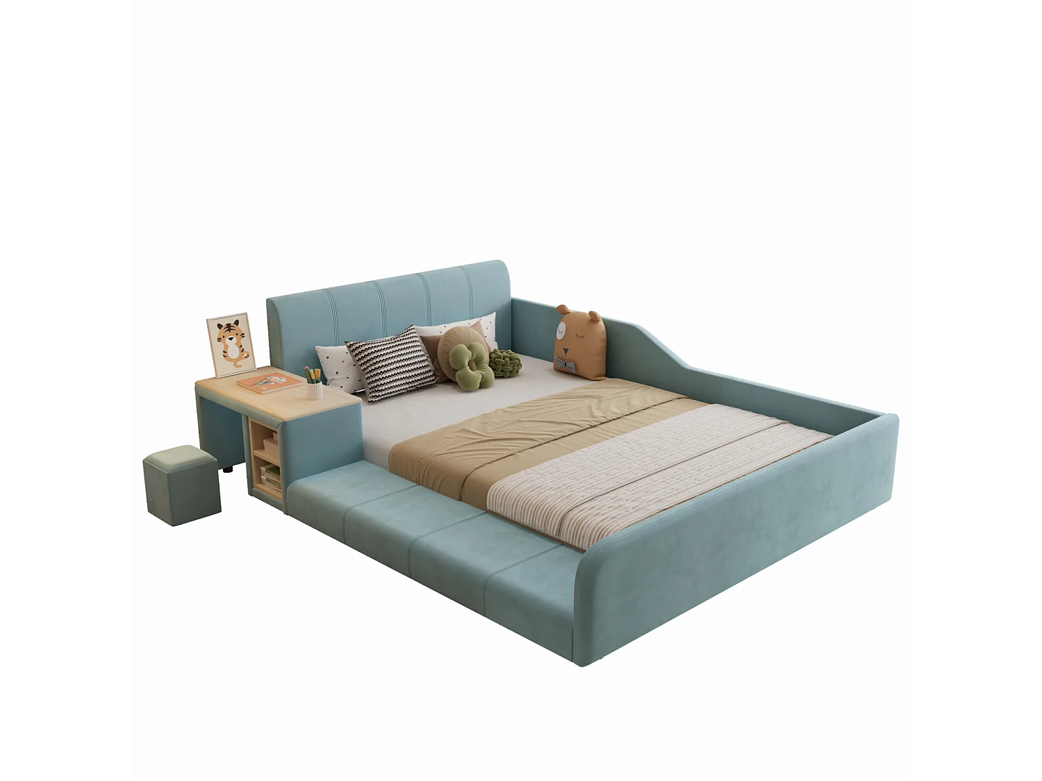 Lit enfant 140x200cm avec bureau et tabouret, tissu en velours bleu, sommier à lattes, sans matelas