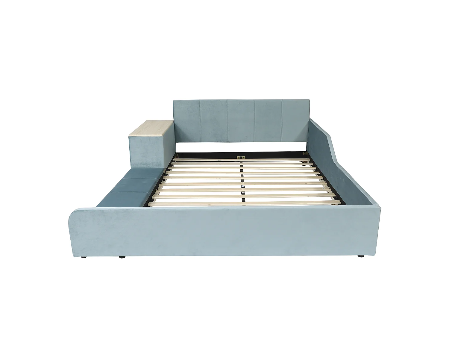 Lit enfant 140x200cm avec bureau et tabouret, tissu en velours bleu, sommier à lattes, sans matelas