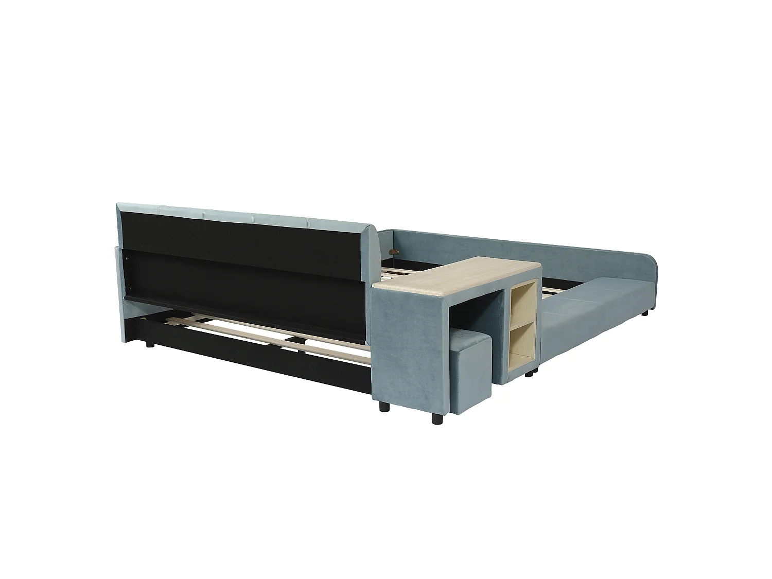 Lit enfant 140x200cm avec bureau et tabouret, tissu en velours bleu, sommier à lattes, sans matelas
