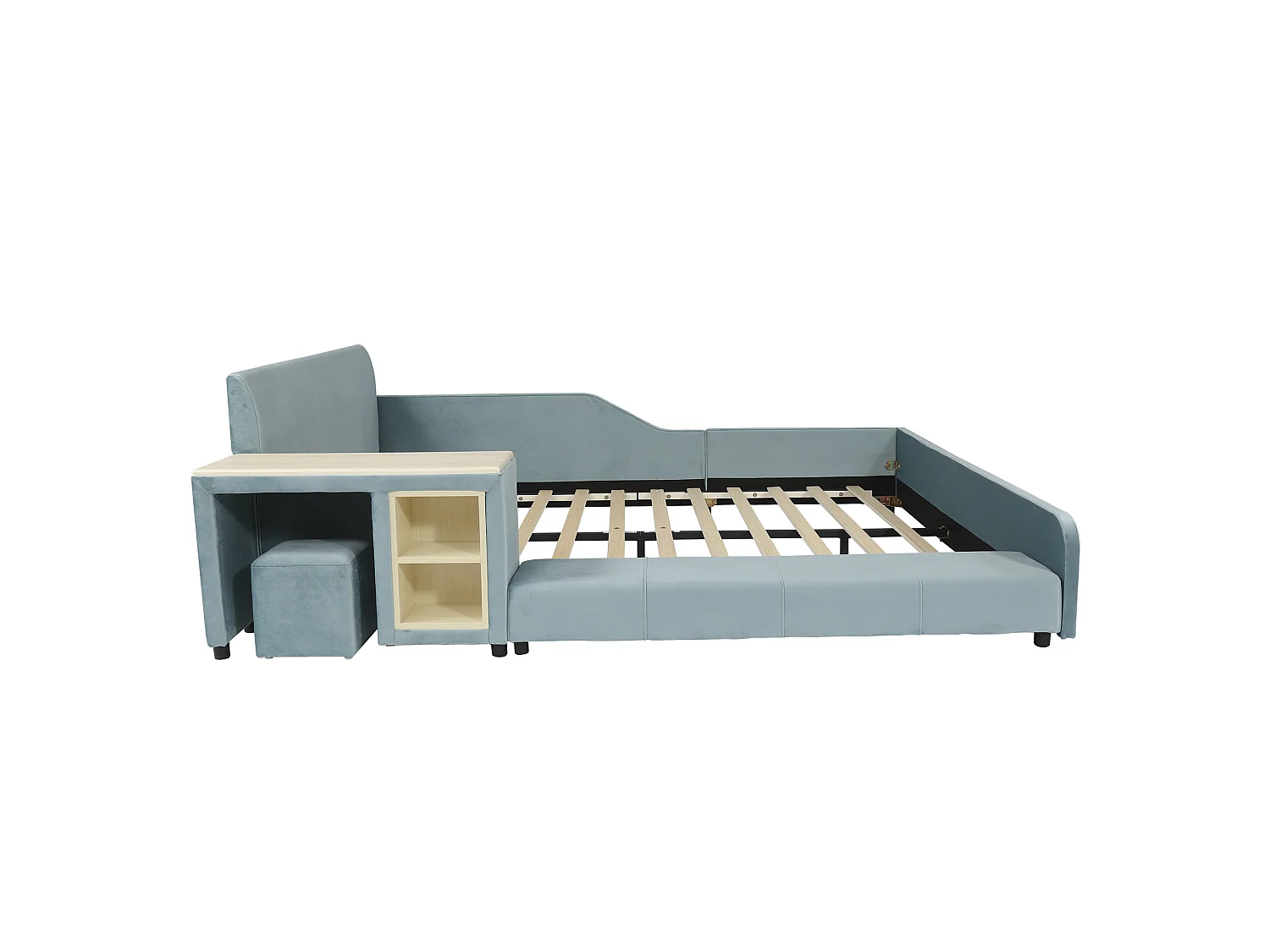 Lit enfant 140x200cm avec bureau et tabouret, tissu en velours bleu, sommier à lattes, sans matelas