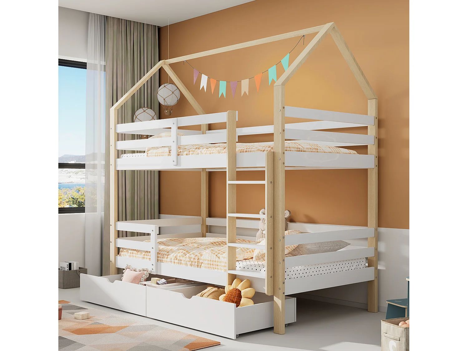 Kinderstapelbed 90x200 cm - Huisvorm - 2 Lades - 2 Bedbodems - Wit en Naturel (Zonder Matras)