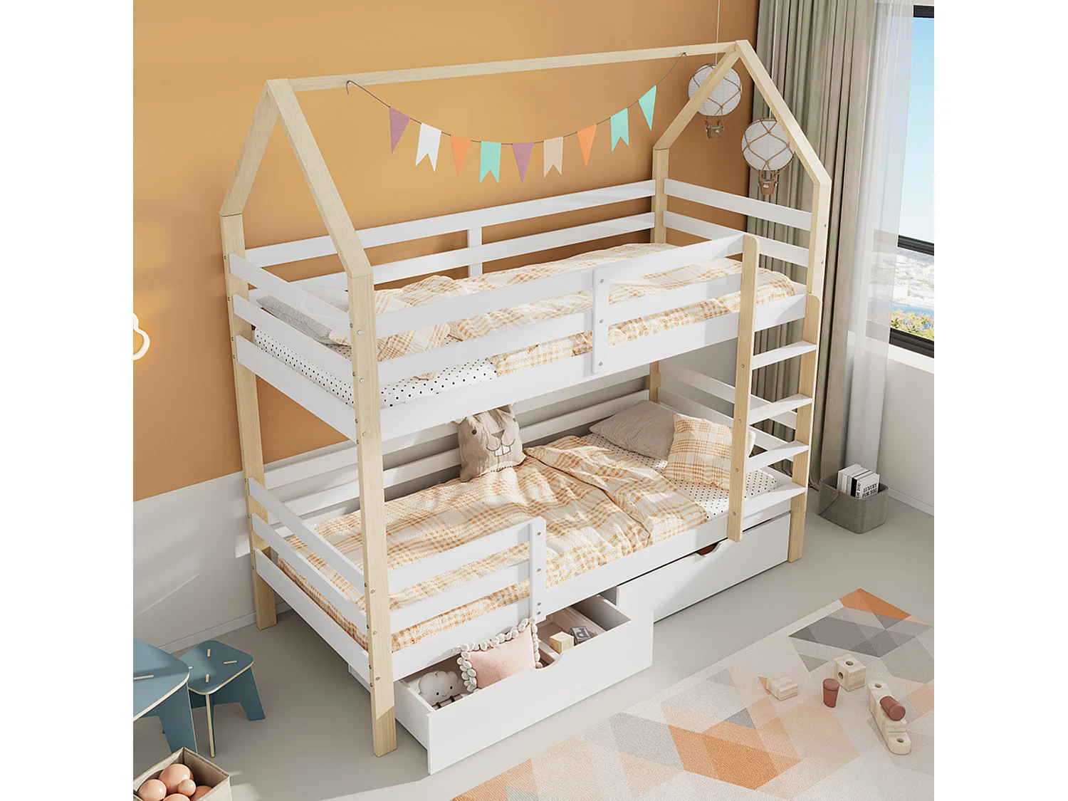 Kinderstapelbed 90x200 cm - Huisvorm - 2 Lades - 2 Bedbodems - Wit en Naturel (Zonder Matras)