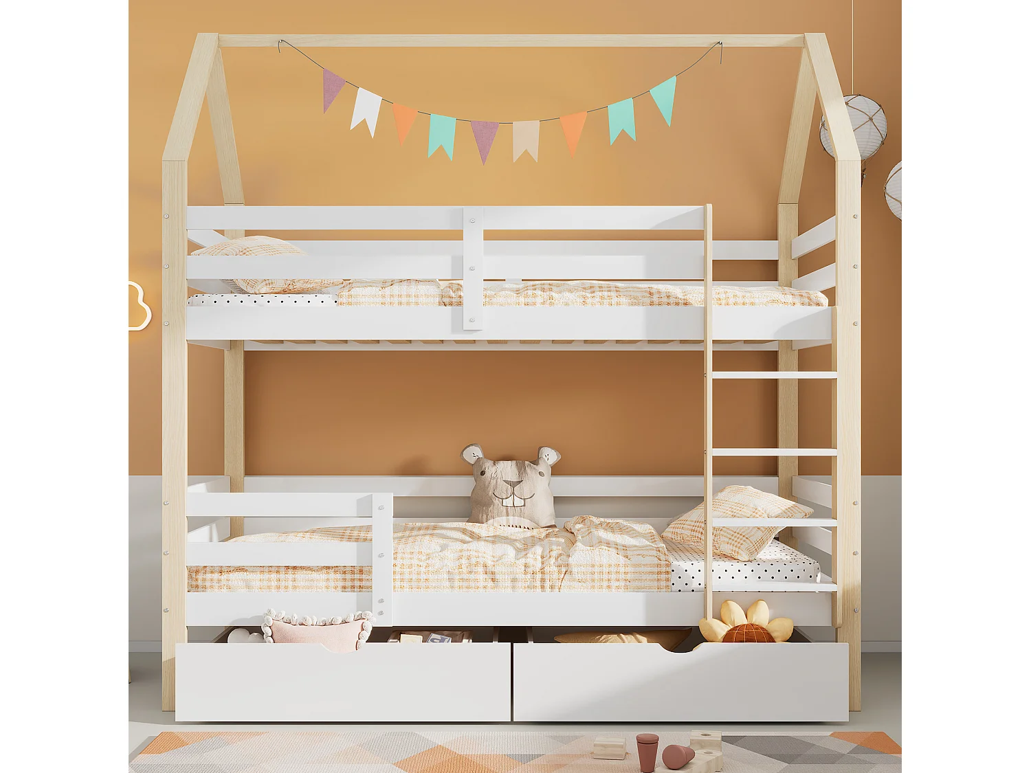 Kinderstapelbed 90x200 cm - Huisvorm - 2 Lades - 2 Bedbodems - Wit en Naturel (Zonder Matras)