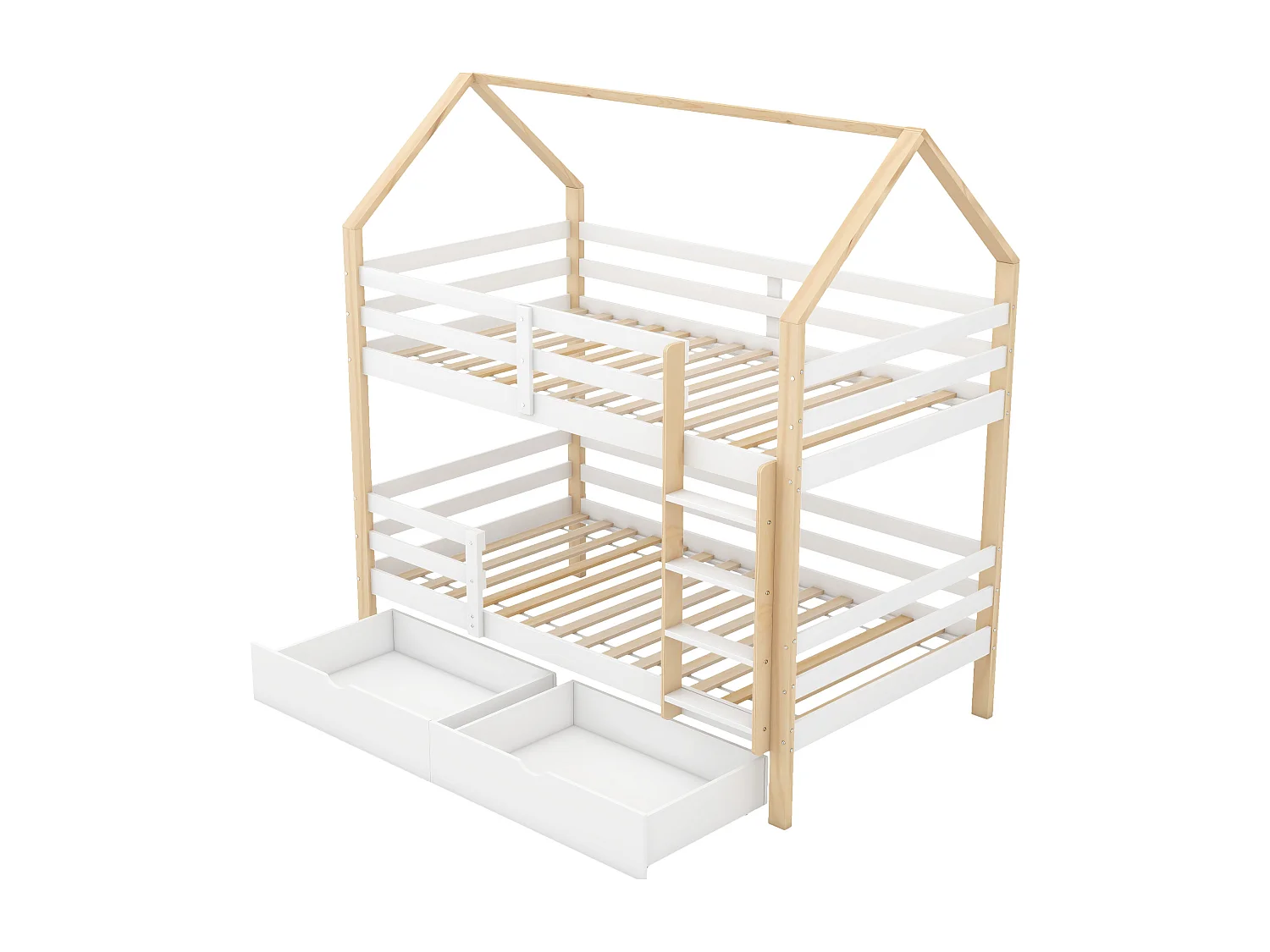 Kinderstapelbed 90x200 cm - Huisvorm - 2 Lades - 2 Bedbodems - Wit en Naturel (Zonder Matras)