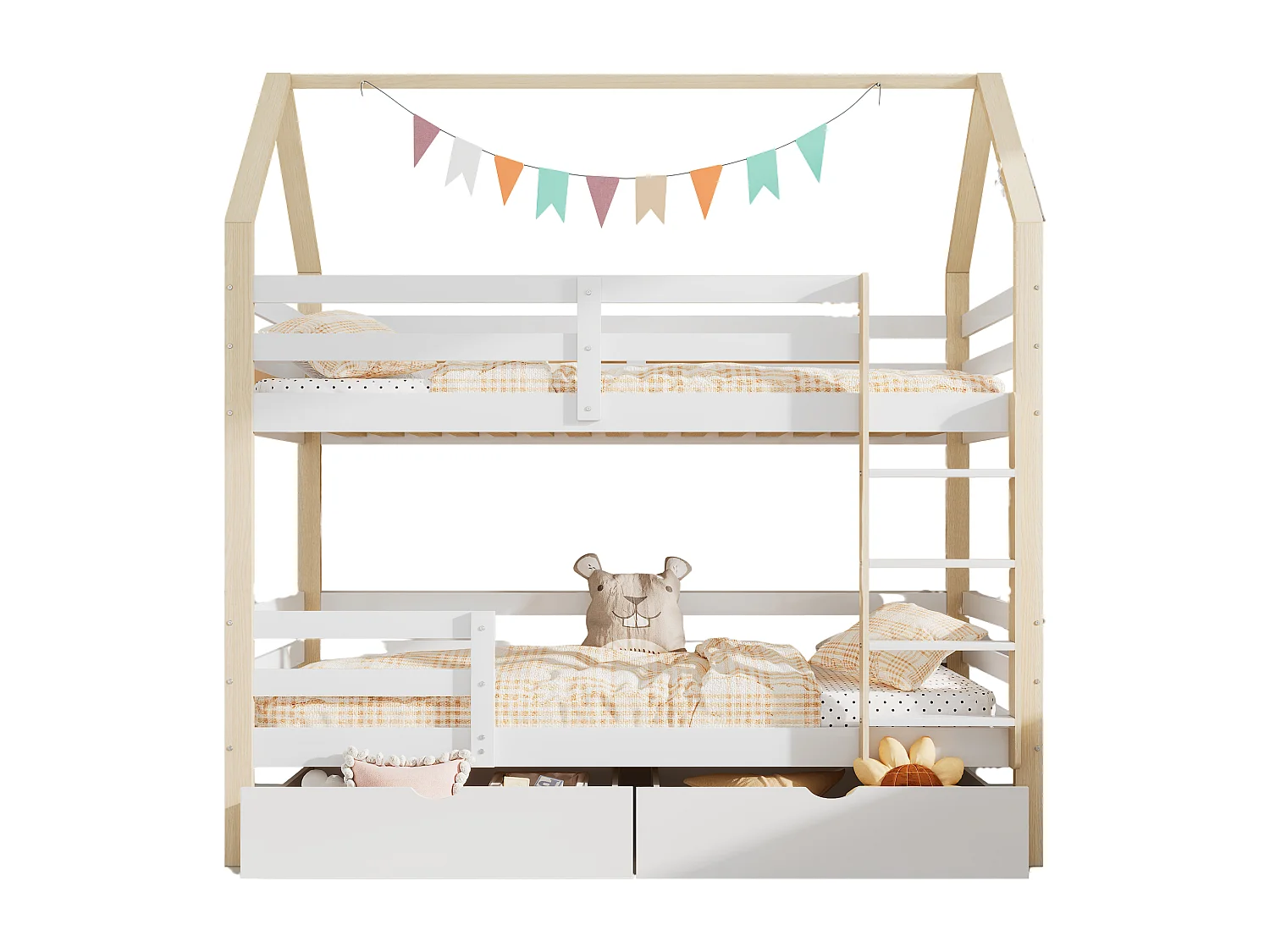 Kinderstapelbed 90x200 cm - Huisvorm - 2 Lades - 2 Bedbodems - Wit en Naturel (Zonder Matras)