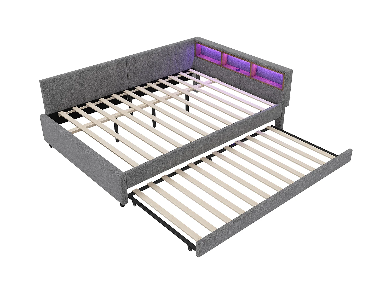 Lit banquette adulte 140x200cm gris en lin avec lit gigogne 90x190cm, LED et USB, sommier à lattes, sans matelas