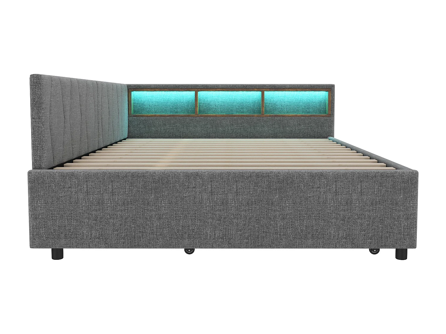 Lit banquette adulte 140x200cm gris en lin avec lit gigogne 90x190cm, LED et USB, sommier à lattes, sans matelas