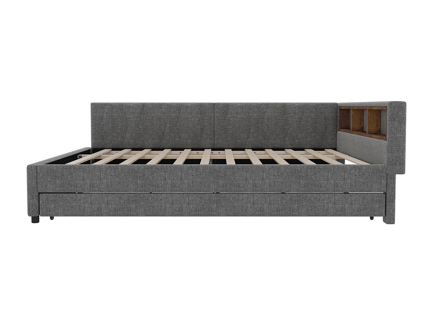 Lit banquette adulte 140x200cm gris en lin avec lit gigogne 90x190cm, LED et USB, sommier à lattes, sans matelas