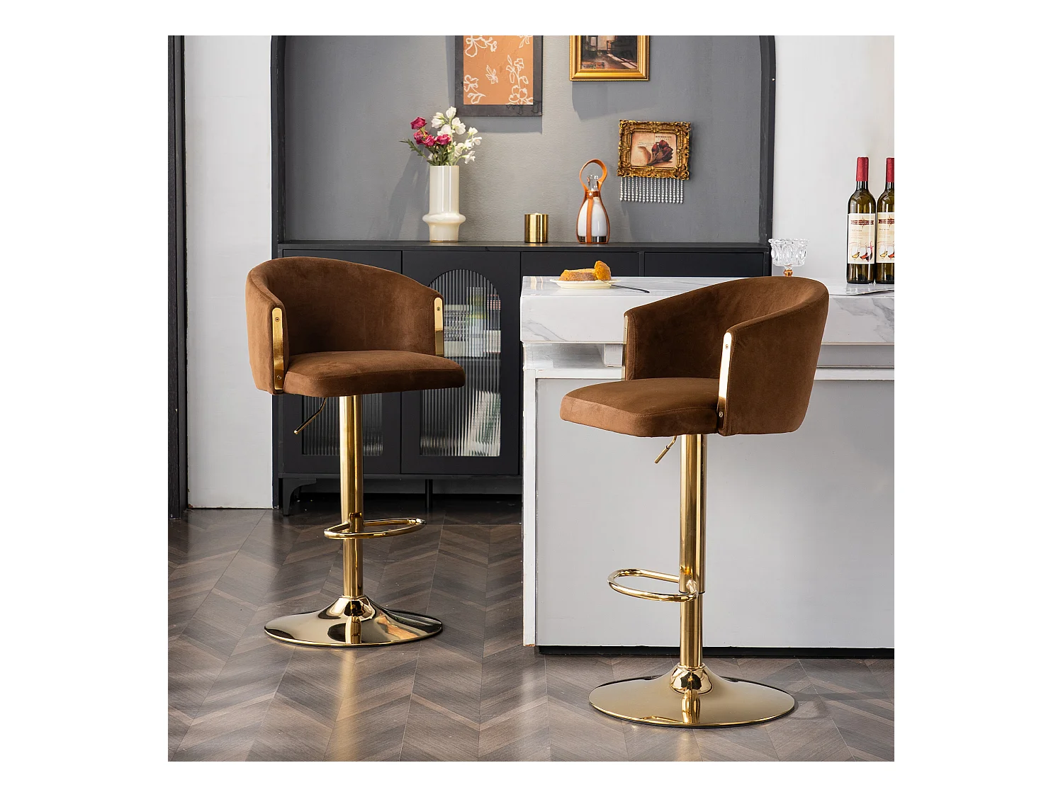 Lot de 2 tabourets de bar pivotants en velours marron, réglable en hauteur, cadre en métal doré
