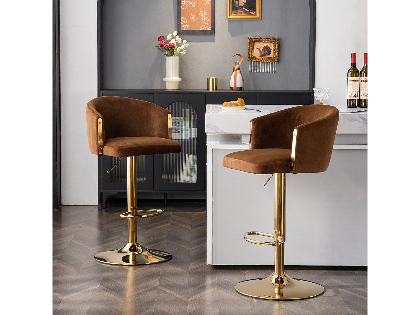 Lot De 2 Tabourets De Bar Réglables - Velours émeraude, Dossier Tressé & Repose-pieds Doré - 360° Pivotants - Pour îlot Cuisine Ou Salle à Manger