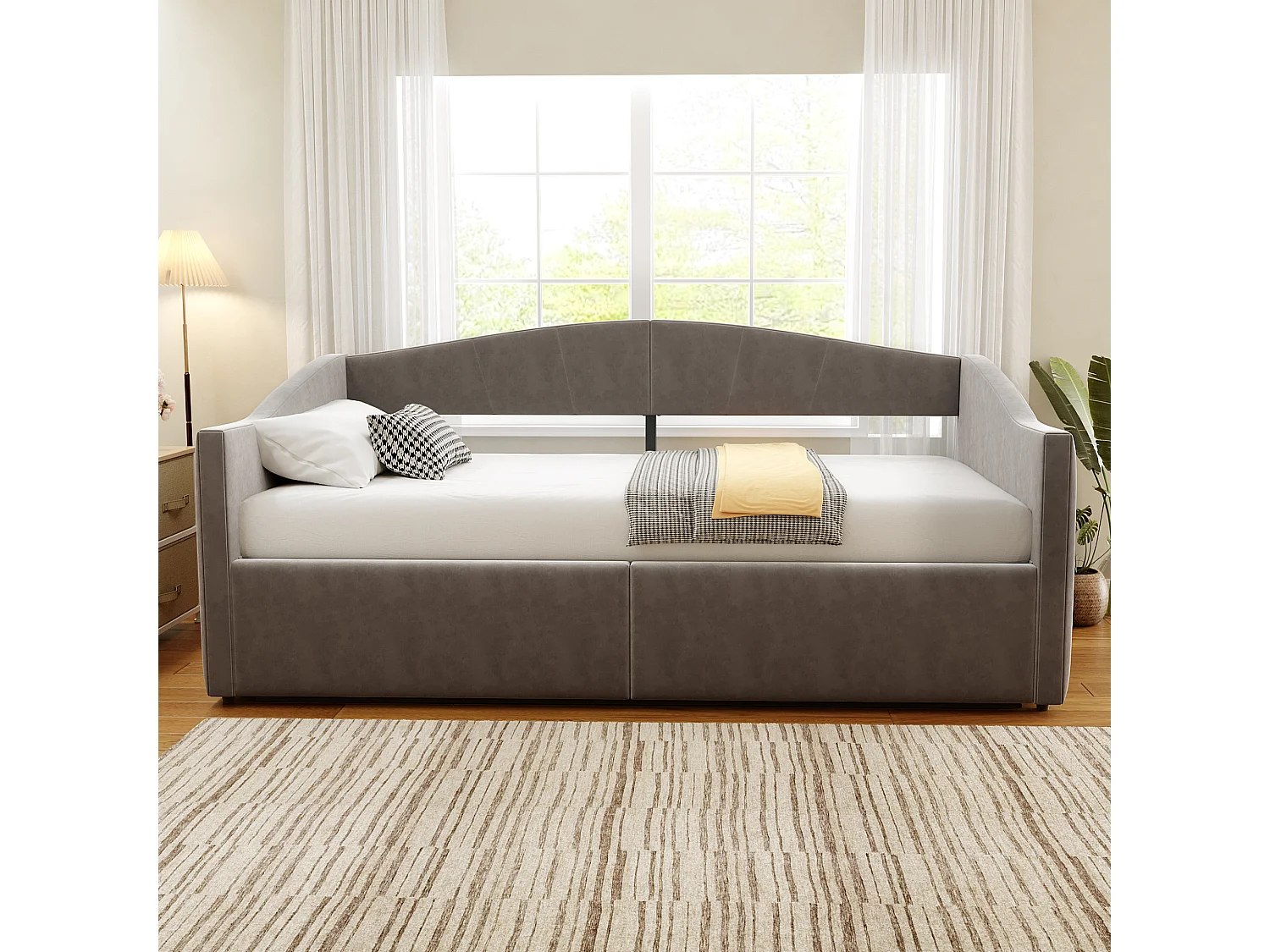 Lit coffre enfant, lit banquette 90x200cm gris en velours, sommier à lattes, sans matelas