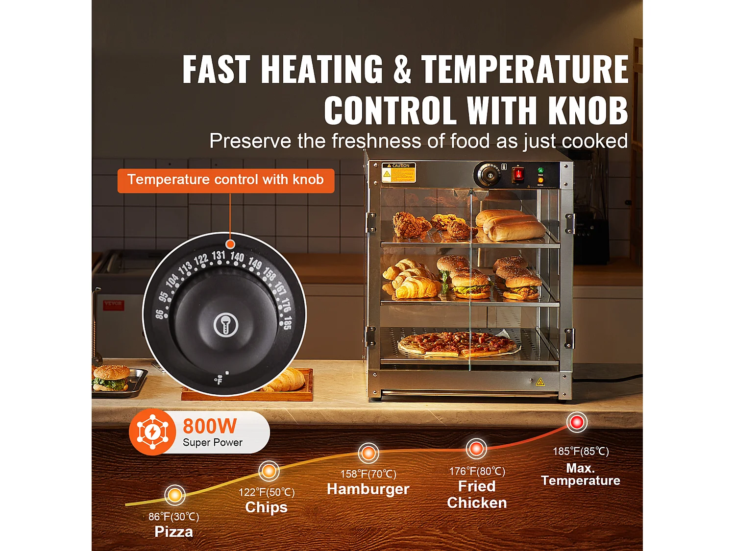 Vitrine Chauffante SucceBuy, Armoire à Pizza Commerciale à 3 Niveaux pour Réchauffeur de Nourriture avec Lumière