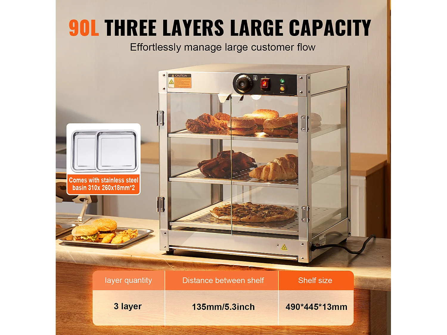 Vitrine Chauffante SucceBuy, Armoire à Pizza Commerciale à 3 Niveaux pour Réchauffeur de Nourriture avec Lumière