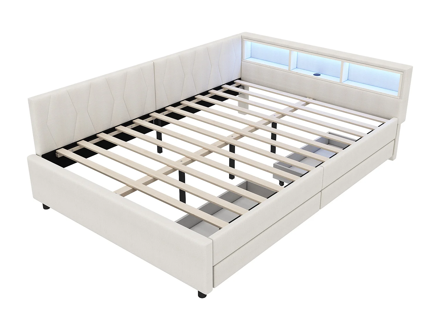 Lit banquette adulte 140x200cm beige en lin avec 2 tiroirs, LED et USB, sommier à lattes, sans matelas