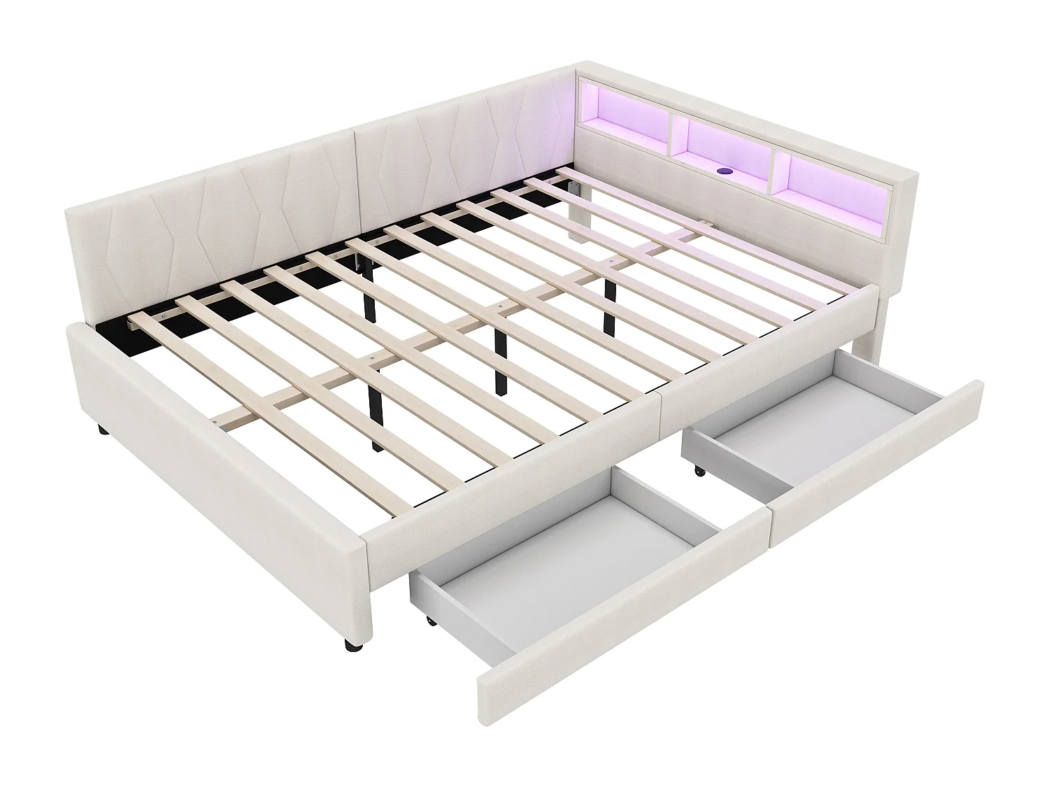 Lit banquette adulte 140x200cm beige en lin avec 2 tiroirs, LED et USB, sommier à lattes, sans matelas