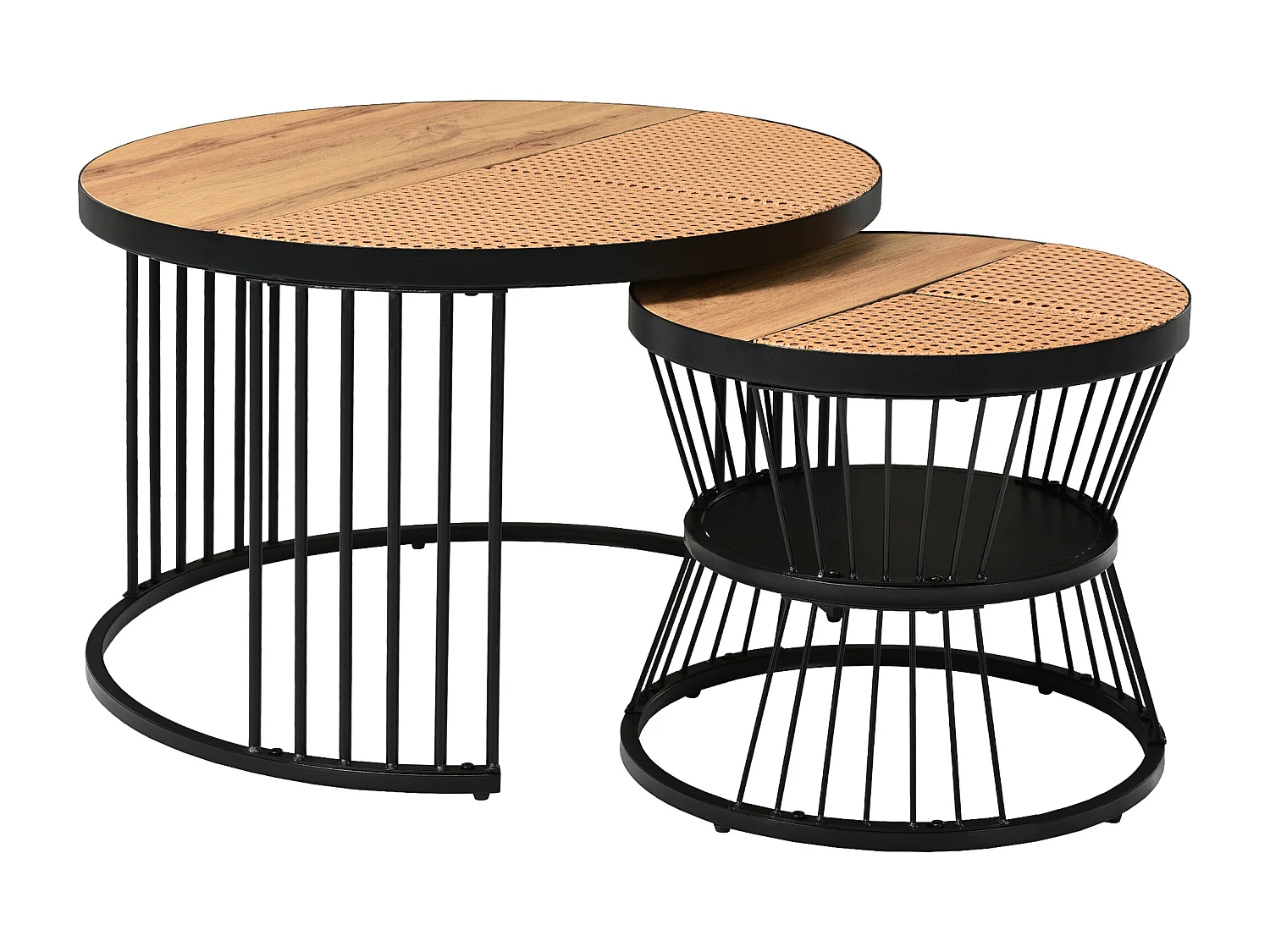 Lot de 2 Tables basses gigognes avec plateau en placage woodgrain et rotin naturel, cadre en métal noir