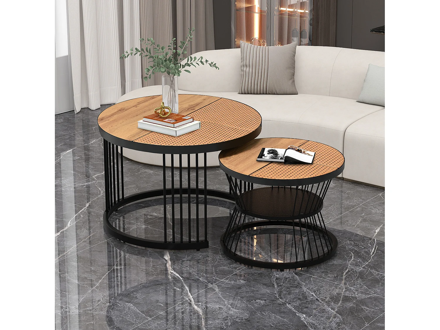 Lot de 2 Tables basses gigognes avec plateau en placage woodgrain et rotin naturel, cadre en métal noir