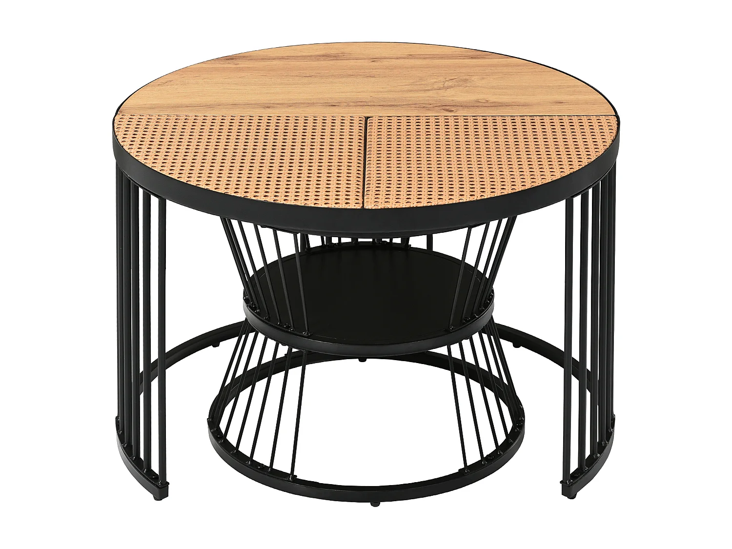 Lot de 2 Tables basses gigognes avec plateau en placage woodgrain et rotin naturel, cadre en métal noir