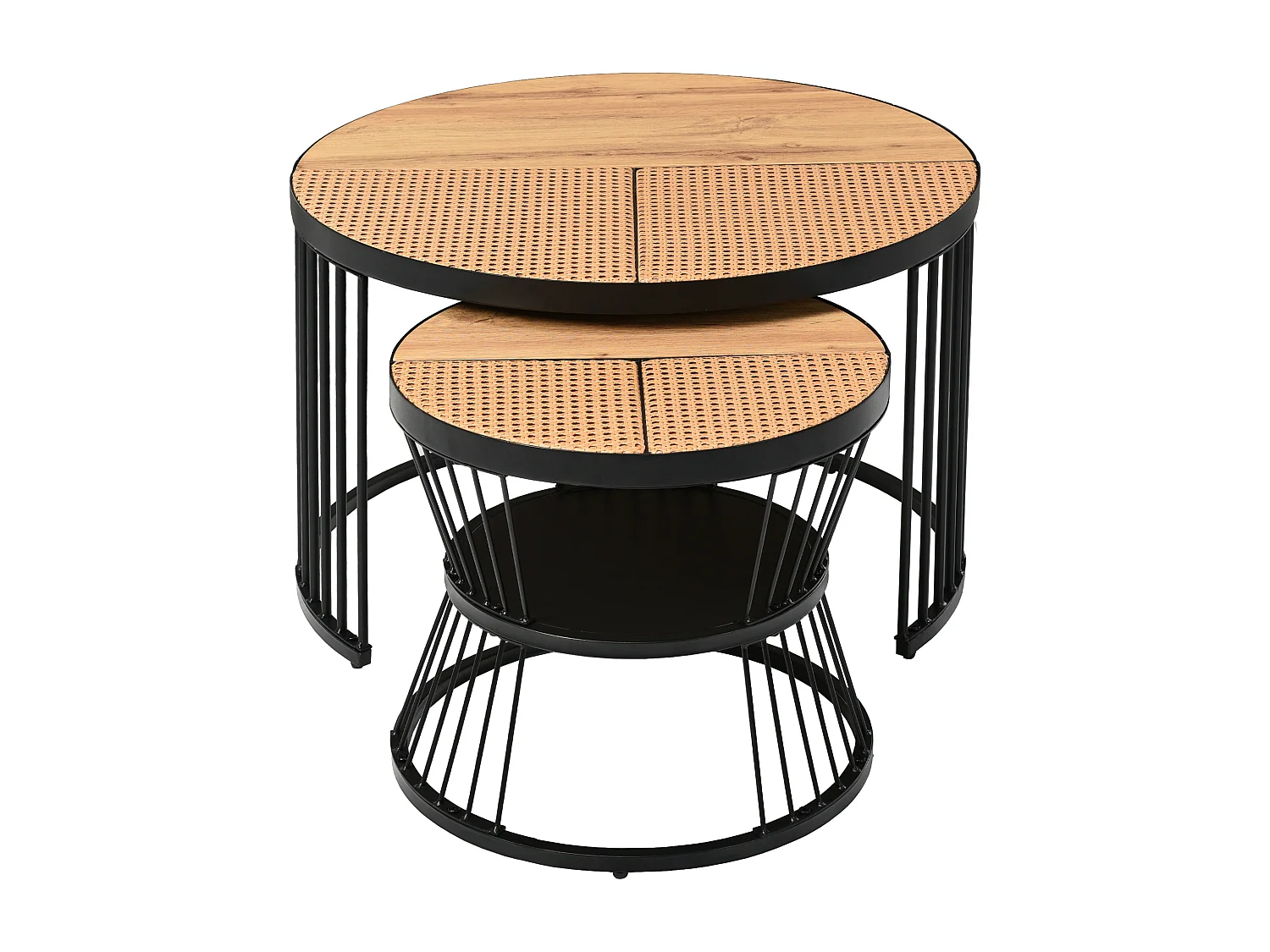 Lot de 2 Tables basses gigognes avec plateau en placage woodgrain et rotin naturel, cadre en métal noir