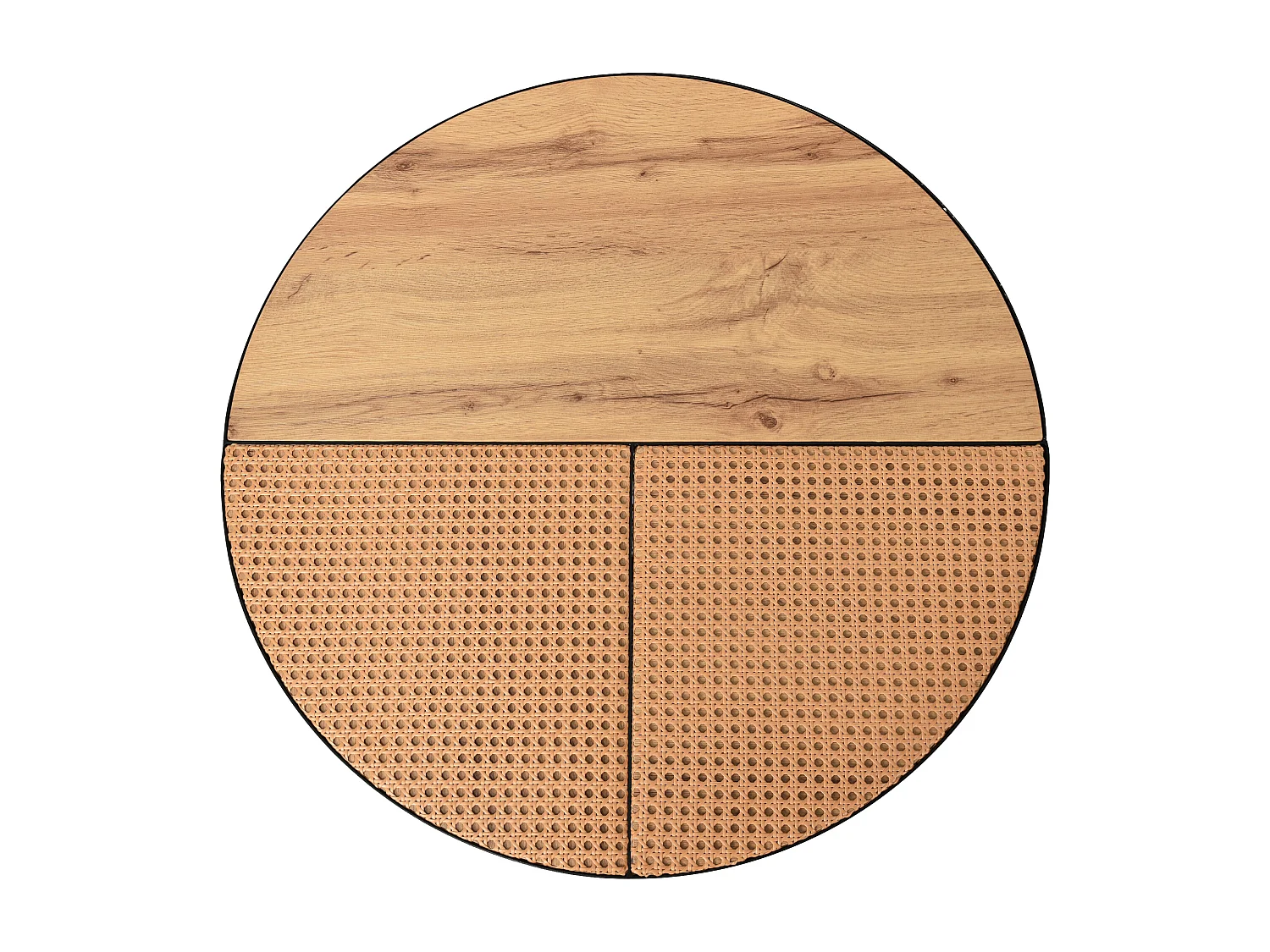 Lot de 2 Tables basses gigognes avec plateau en placage woodgrain et rotin naturel, cadre en métal noir