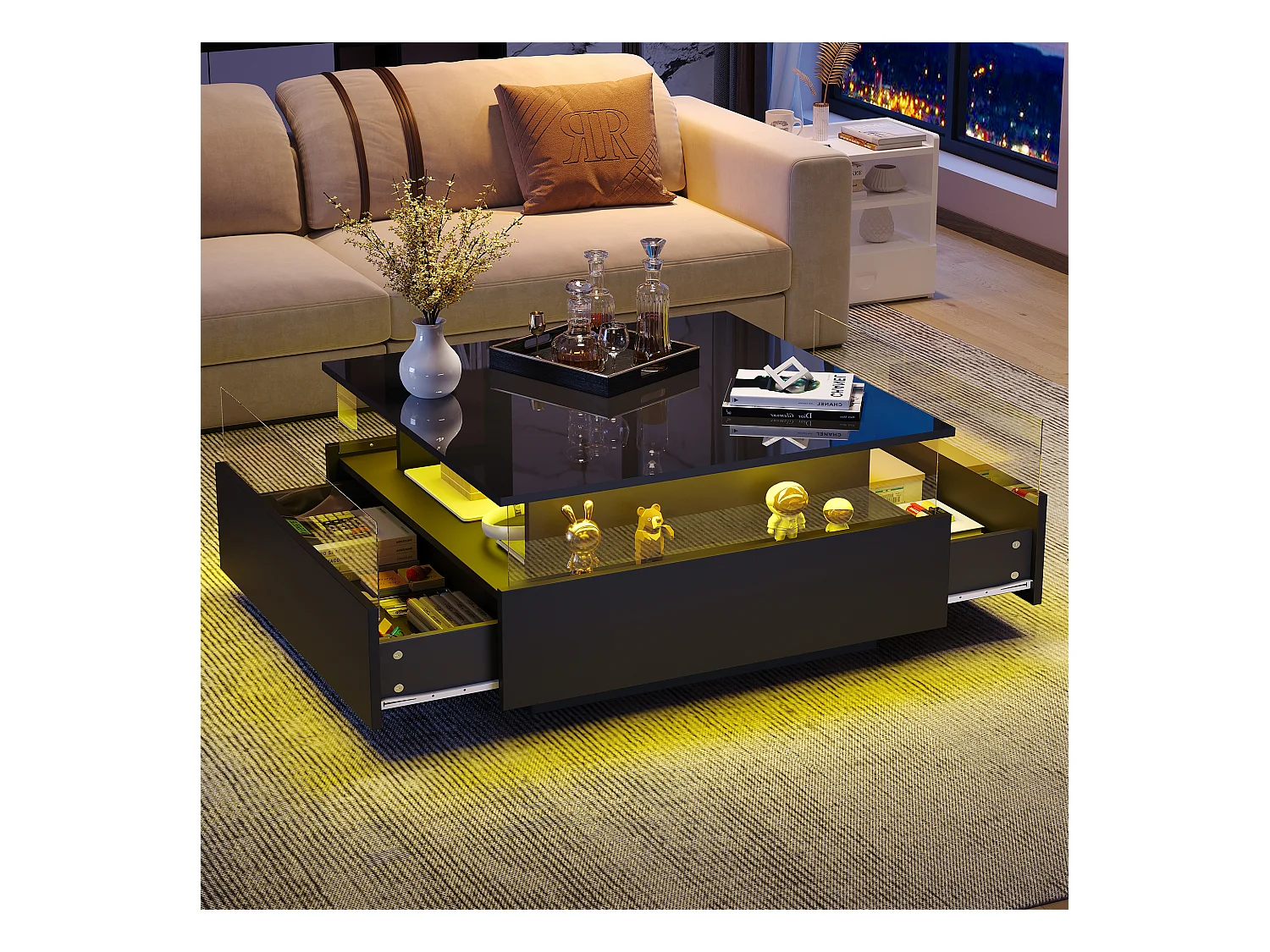 Table basse carré 70x70x41cm avec 2 tiroirs et LED, corps en noir laqué brillant