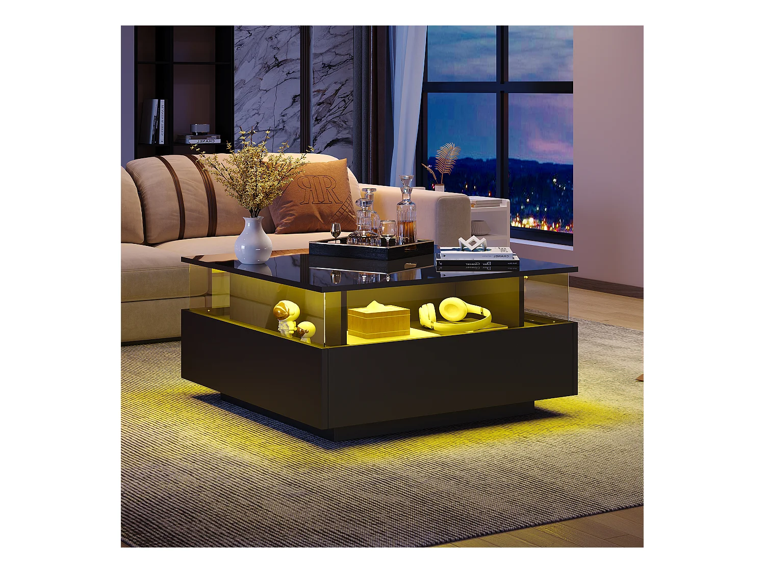 Vierkante salontafel 70x70x41cm met 2 lades en LED, onderstel in glanzend zwarte lak