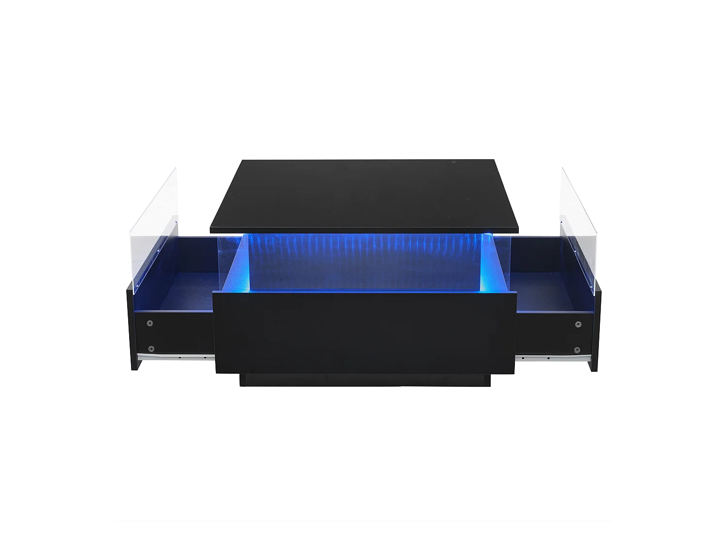Vierkante salontafel 70x70x41cm met 2 lades en LED, onderstel in glanzend zwarte lak