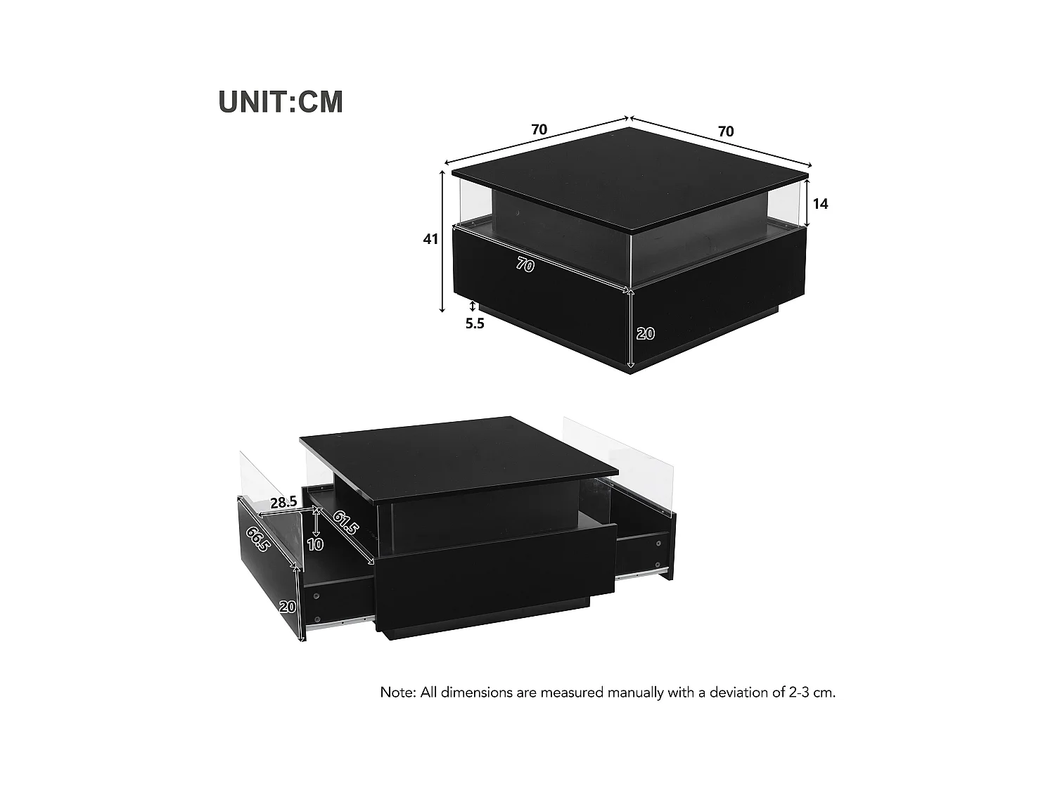 Vierkante salontafel 70x70x41cm met 2 lades en LED, onderstel in glanzend zwarte lak