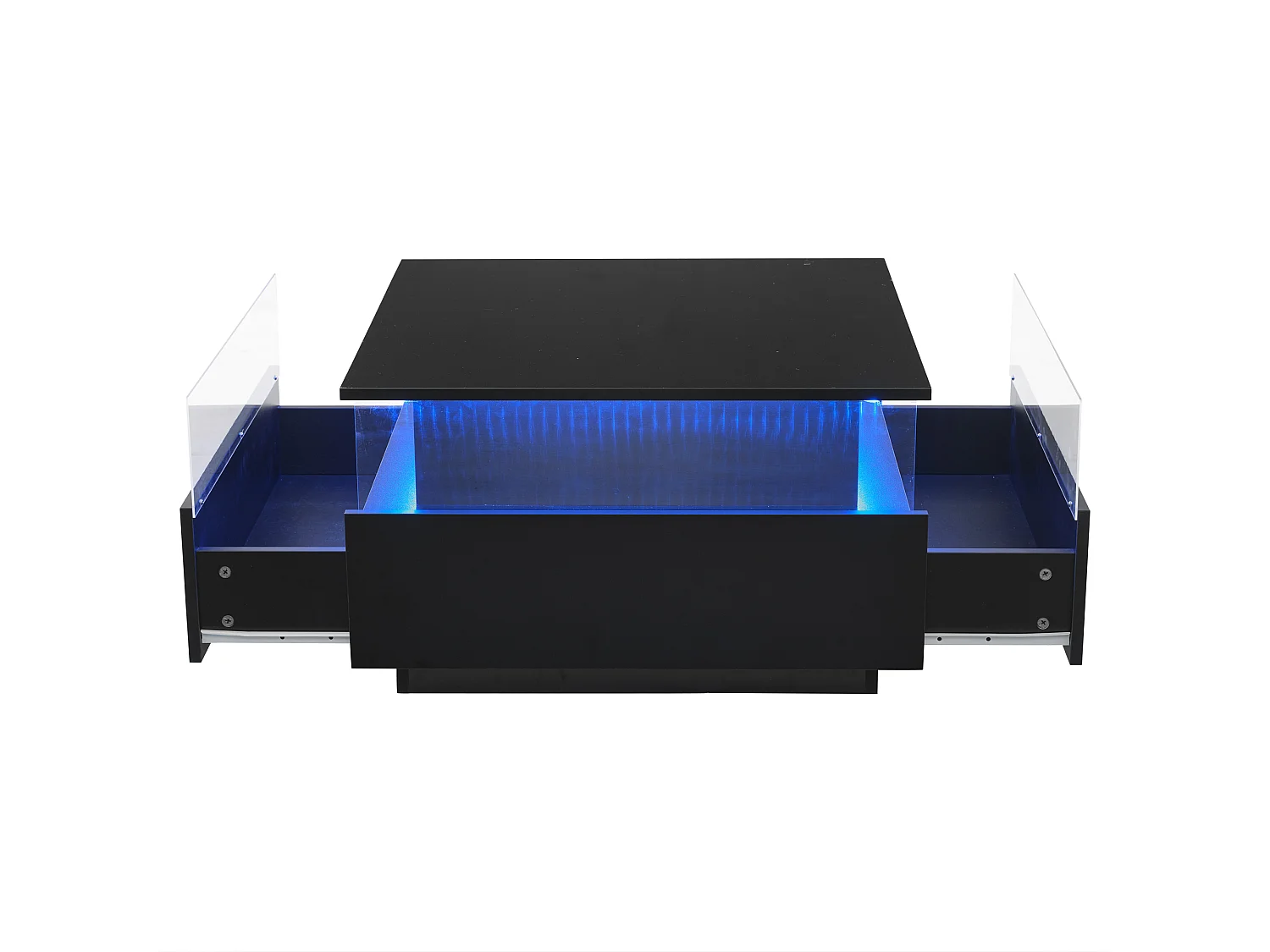 Table basse carré 70x70x41cm avec 2 tiroirs et LED, corps en noir laqué brillant