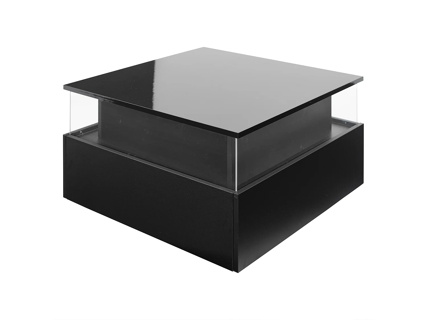 Table basse carré 70x70x41cm avec 2 tiroirs et LED, corps en noir laqué brillant