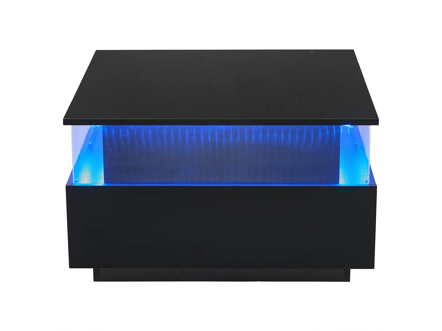 Table basse carré 70x70x41cm avec 2 tiroirs et LED, corps en noir laqué brillant