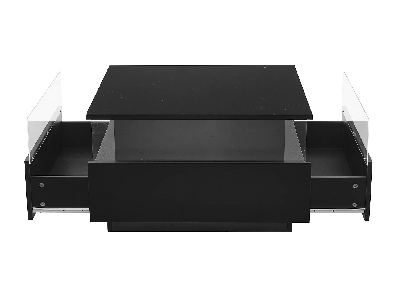 Table basse carré 70x70x41cm avec 2 tiroirs et LED, corps en noir laqué brillant