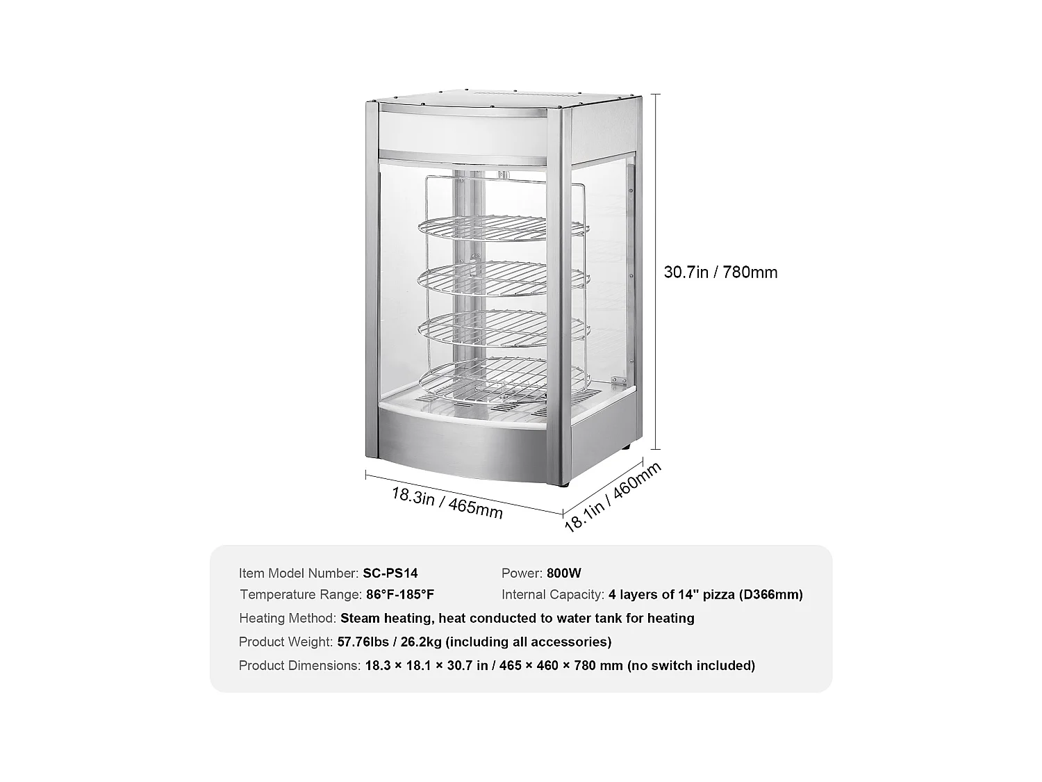 Vitrine Chauffante SucceBuy, Présentoir Chauffant pour Pizza 36 cm, Réchaud Électrique Commercial à 4 niveaux