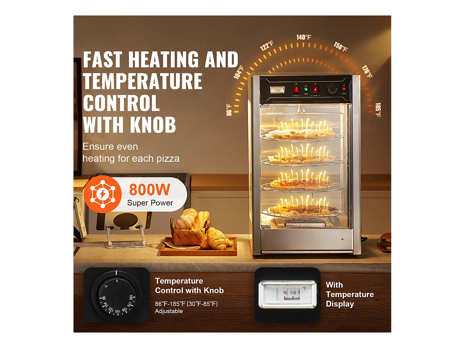 Vitrine Chauffante SucceBuy, Présentoir Chauffant pour Pizza 36 cm, Réchaud Électrique Commercial à 4 niveaux