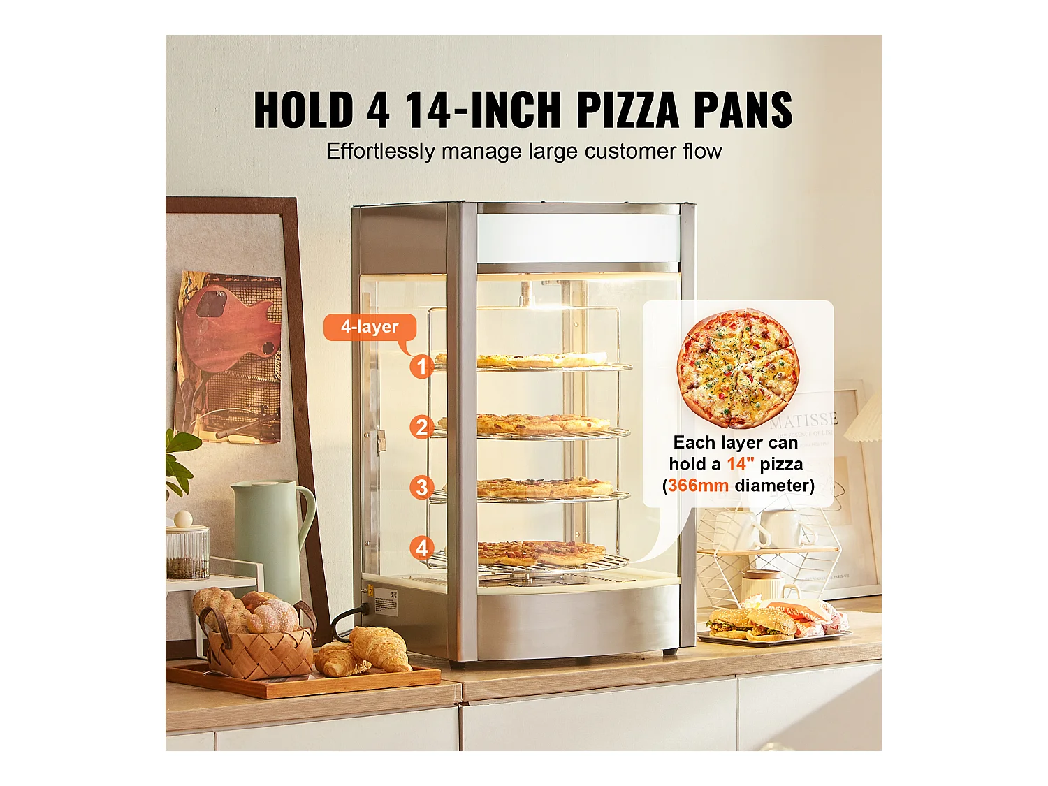 Vitrine Chauffante SucceBuy, Présentoir Chauffant pour Pizza 36 cm, Réchaud Électrique Commercial à 4 niveaux