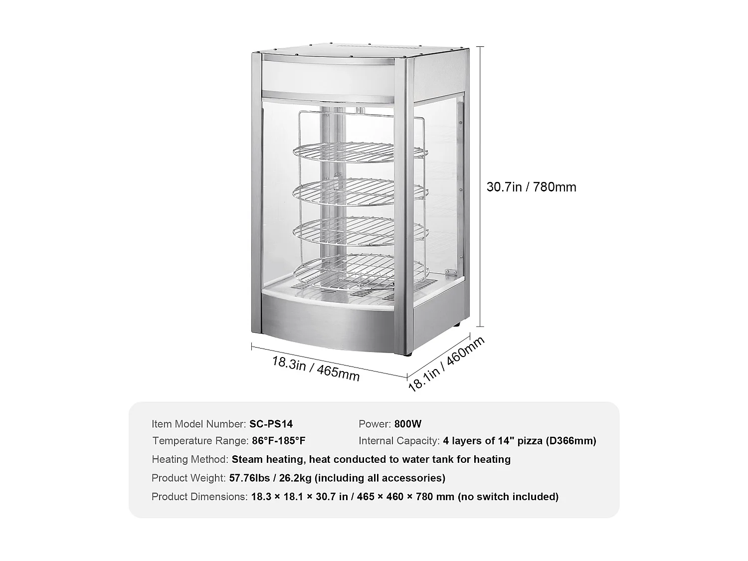 Vitrine Chauffante SucceBuy, Présentoir Chauffant pour Pizza 36 cm, Réchaud Électrique Commercial à 4 niveaux