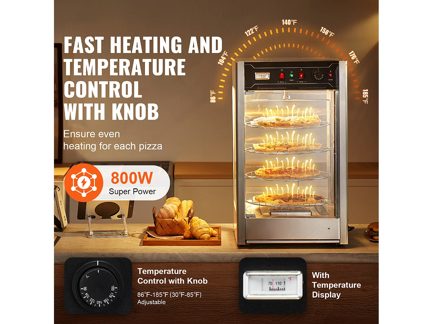 Vitrine Chauffante SucceBuy, Présentoir Chauffant pour Pizza 36 cm, Réchaud Électrique Commercial à 4 niveaux