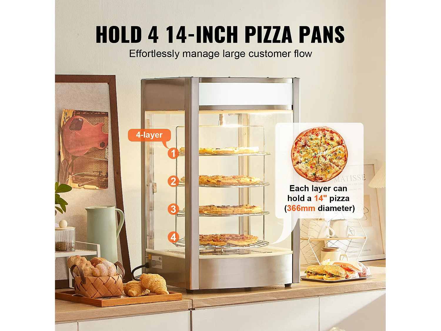 Vitrine Chauffante SucceBuy, Présentoir Chauffant pour Pizza 36 cm, Réchaud Électrique Commercial à 4 niveaux