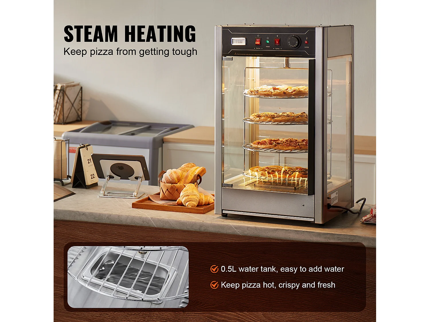 Vitrine Chauffante SucceBuy, Présentoir Chauffant pour Pizza 36 cm, Réchaud Électrique Commercial à 4 niveaux