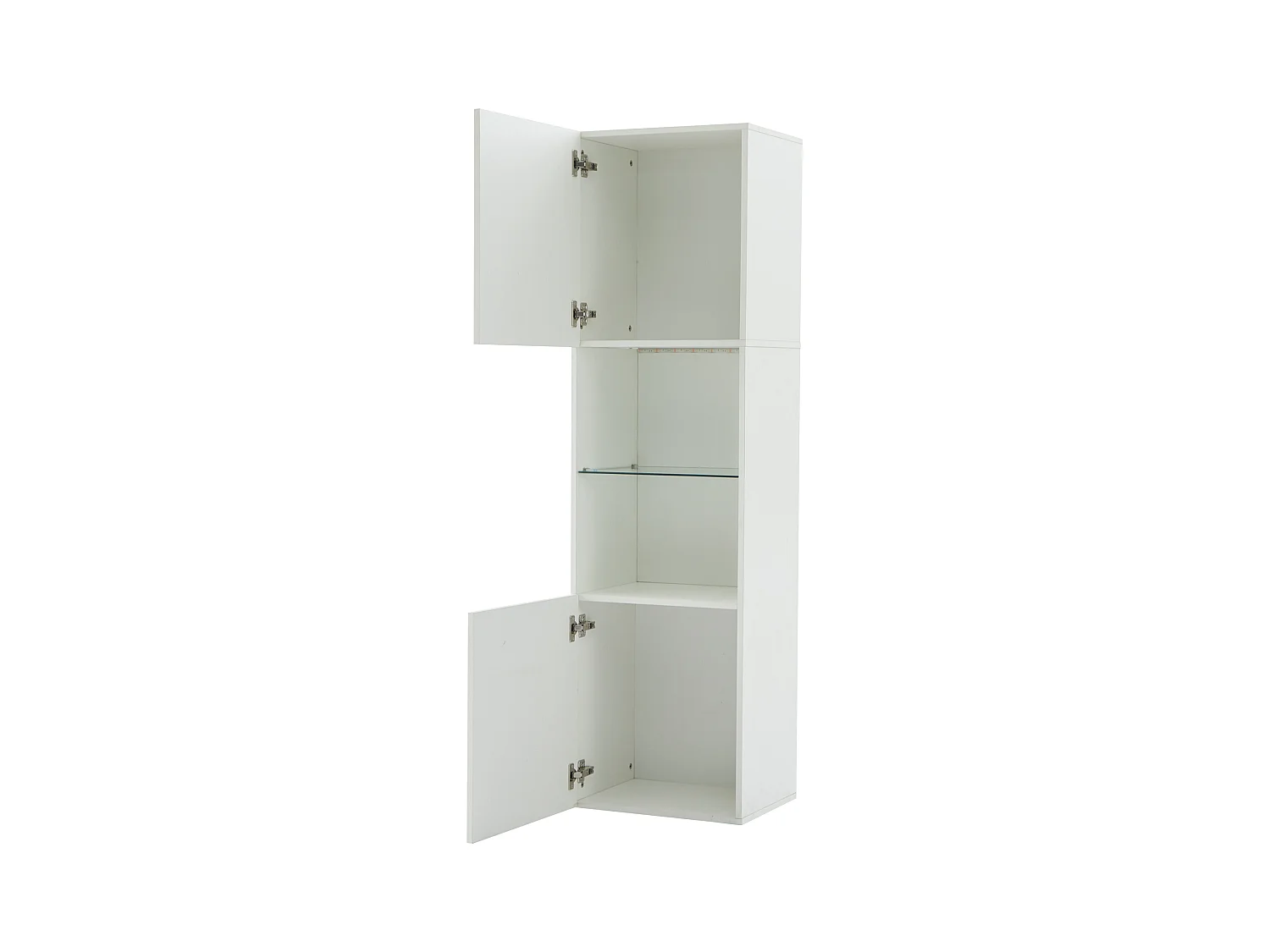 vitrine blanche haut brillant avec 2 portes et 1 tablette en verre, LED inclus - 45x35x160cm