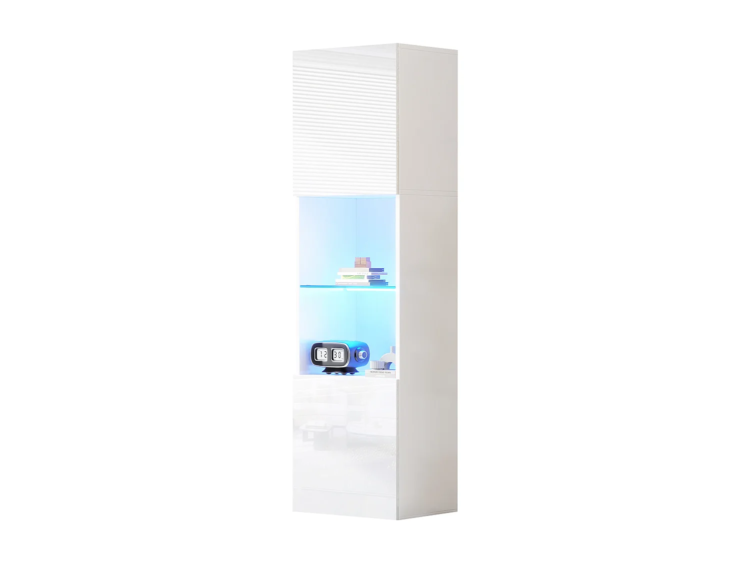 vitrine blanche haut brillant avec 2 portes et 1 tablette en verre, LED inclus - 45x35x160cm