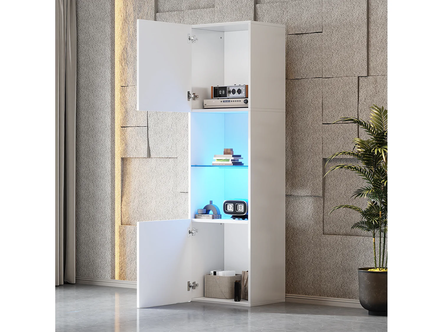 vitrine blanche haut brillant avec 2 portes et 1 tablette en verre, LED inclus - 45x35x160cm