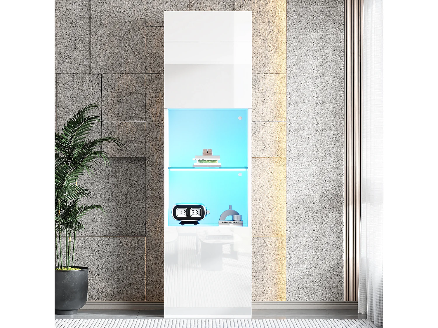 vitrine blanche haut brillant avec 2 portes et 1 tablette en verre, LED inclus - 45x35x160cm