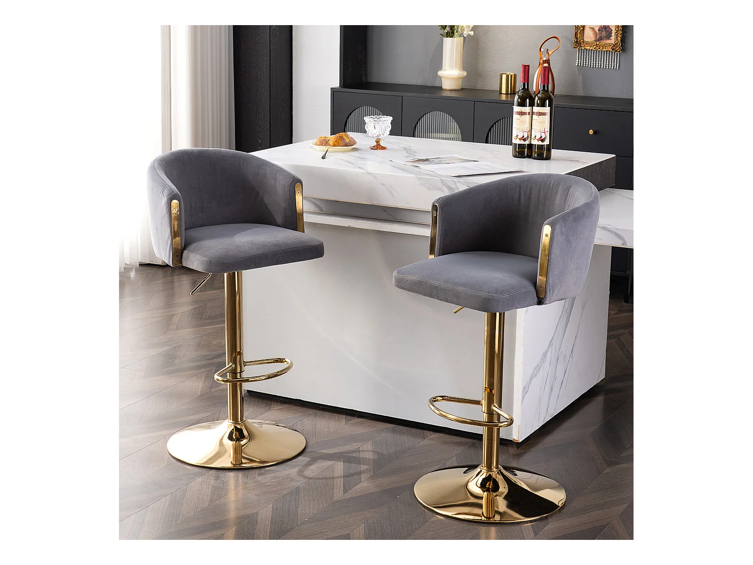 Lot de 2 tabourets de bar pivotants en velours gris, réglable en hauteur, cadre en métal doré