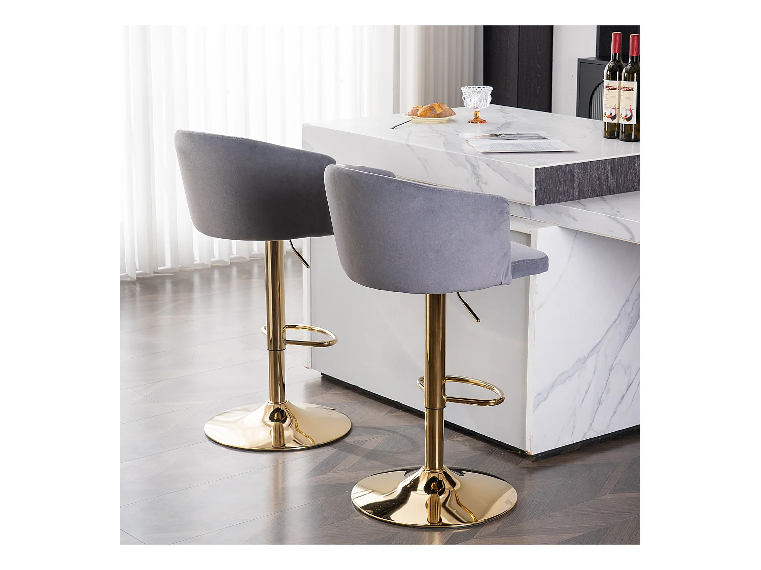Lot de 2 tabourets de bar pivotants en velours gris, réglable en hauteur, cadre en métal doré